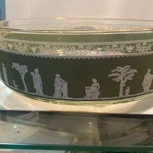 Vintage 50s Green Hellenic Jeanette Glass Mid-Century Modern Greek God Bowl